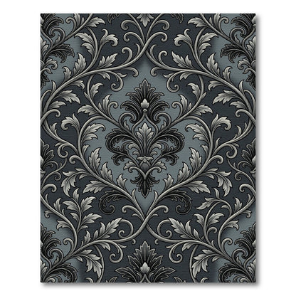 Ornate Black Silver Damask Scroll Rug
