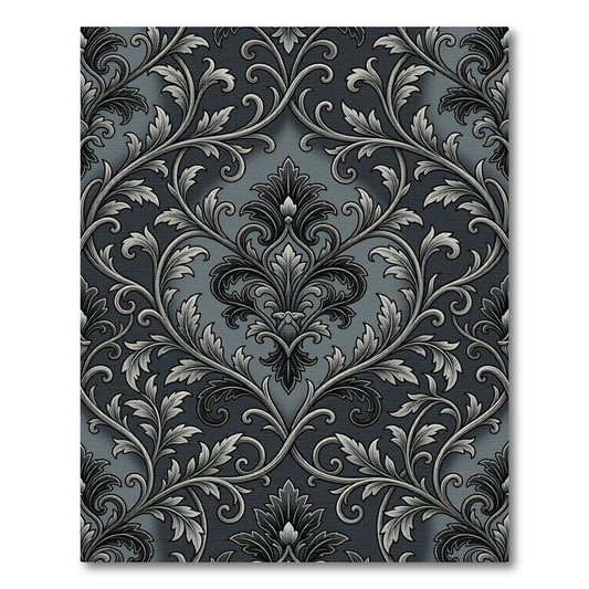 Ornate Black Silver Damask Scroll Rug