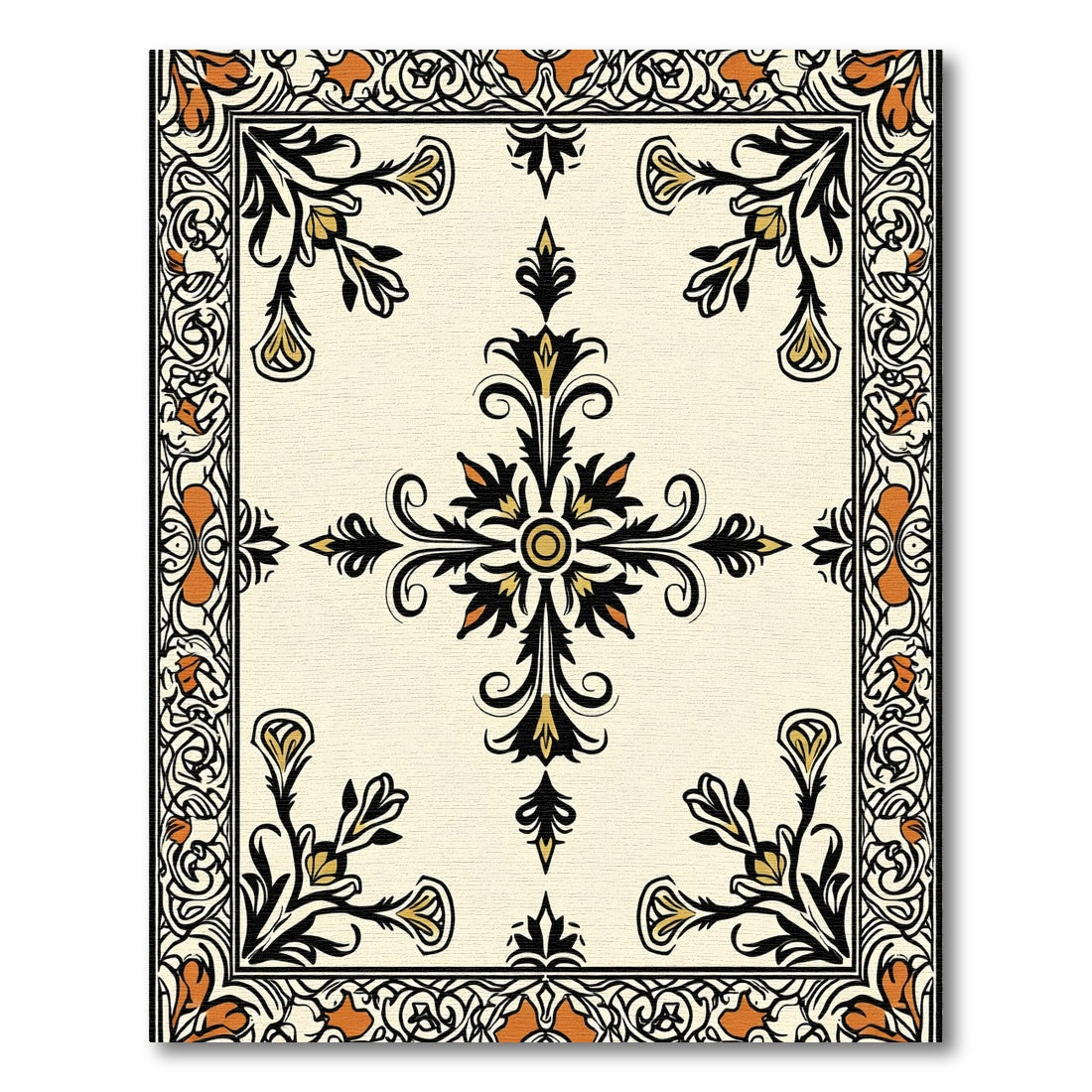 Cream Black Orange Floral Scrollwork Rug