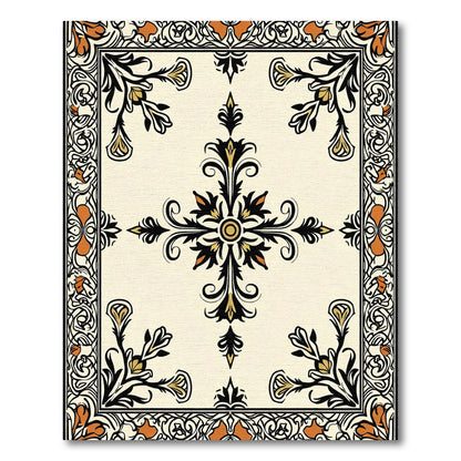 Cream Black Orange Floral Scrollwork Rug