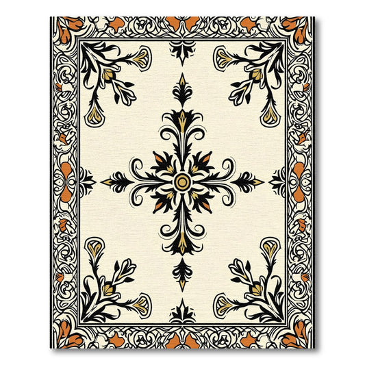 Cream Black Orange Floral Scrollwork Rug
