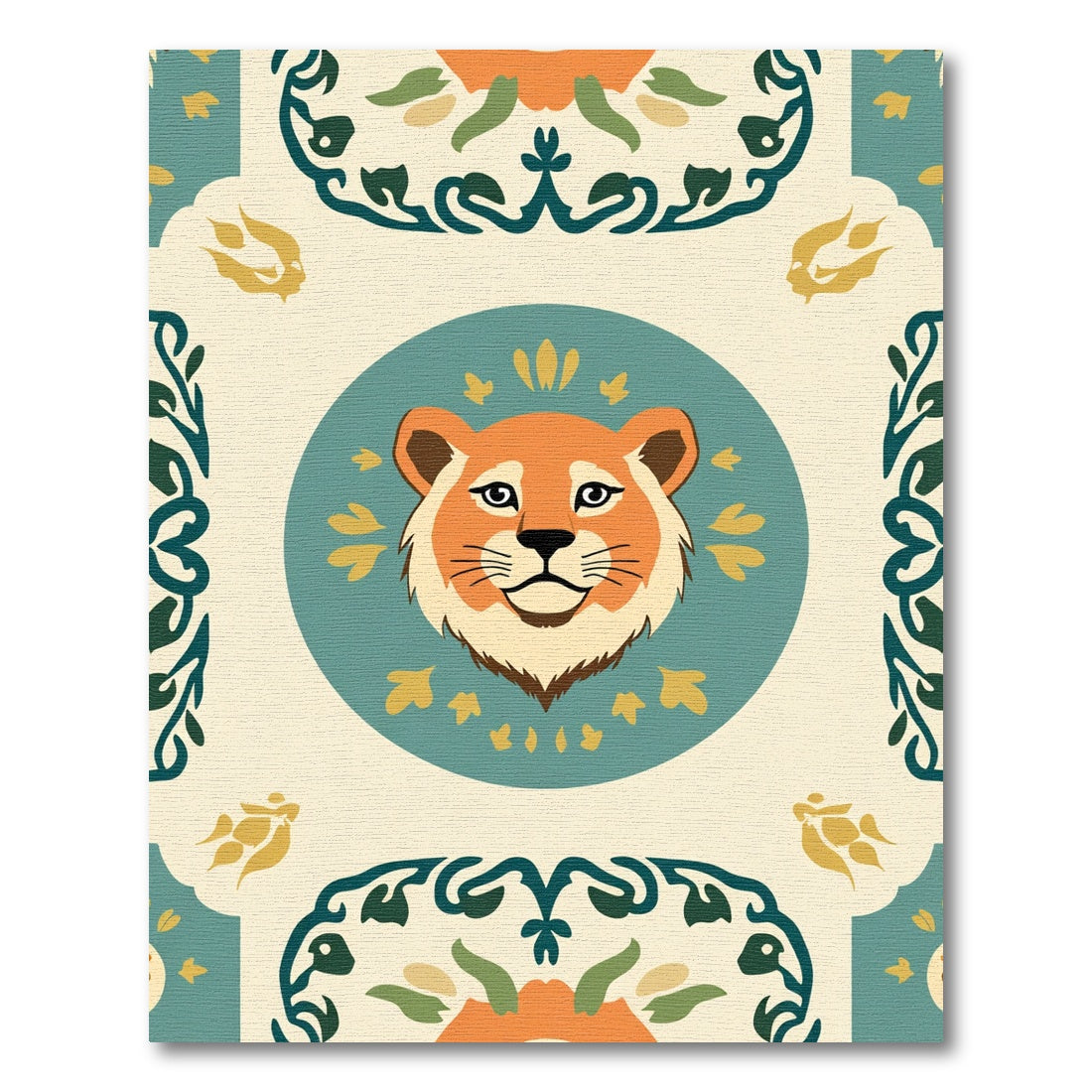 Orange Lion Medallion Aqua Floral Borders Rug