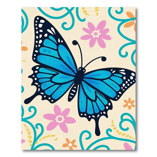 Whimsical Blue Butterfly Floral Swirls Rug