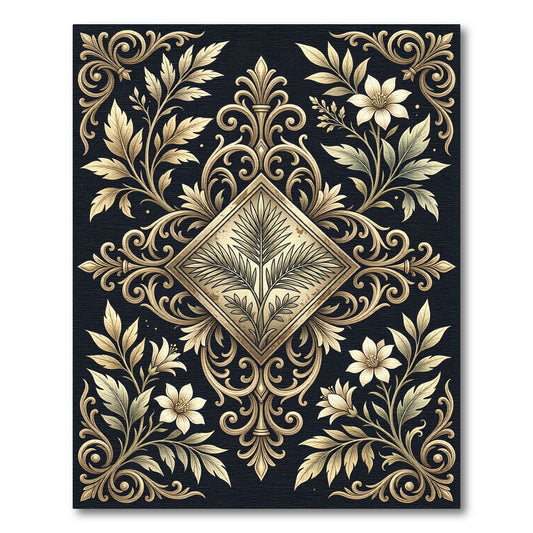 Elegant Golden Floral Diamond Scroll Rug