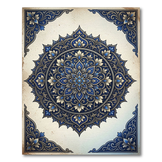 Intricate Navy and Gold Floral Mandala Rug