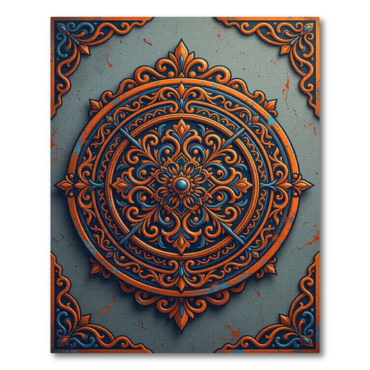 Ornate Burnt Orange Navy Circular Medallion Rug