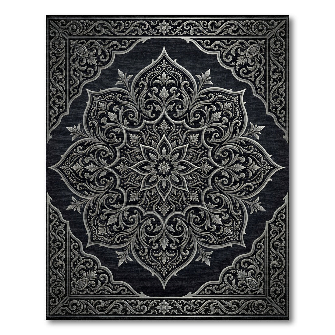 Sophisticated Silver Floral Filigree Medallion Rug
