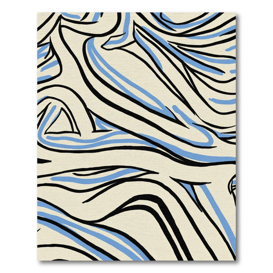 Cream Black Blue Wavy Lines Rug