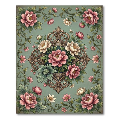 Vintage Dusty Sage Peony Medallion Rug