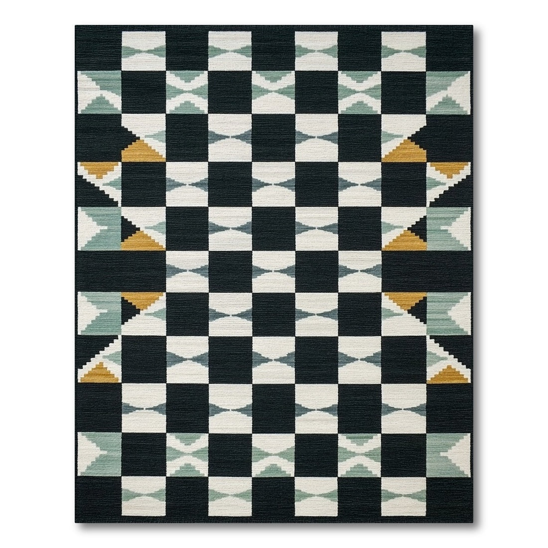 Modern Black Teal Geometric Diamond Rug