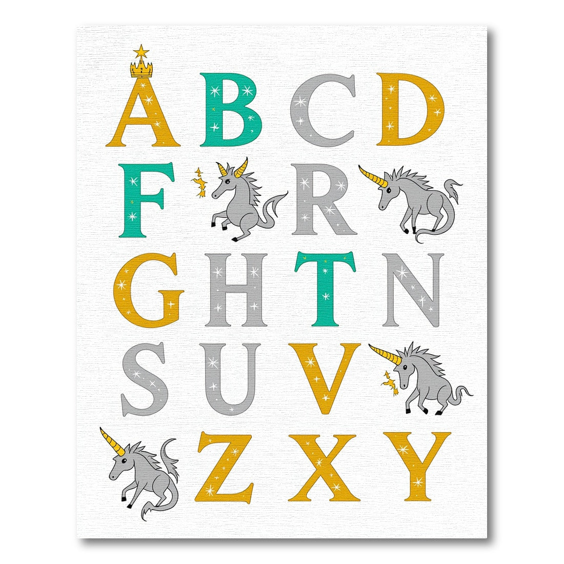 Yellow Gray Teal Unicorn Alphabet Rug