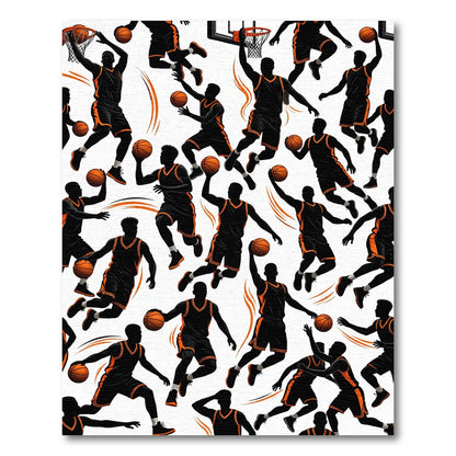 Dynamic Black and Orange Basketball Action Rug