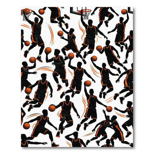 Dynamic Black and Orange Basketball Action Rug