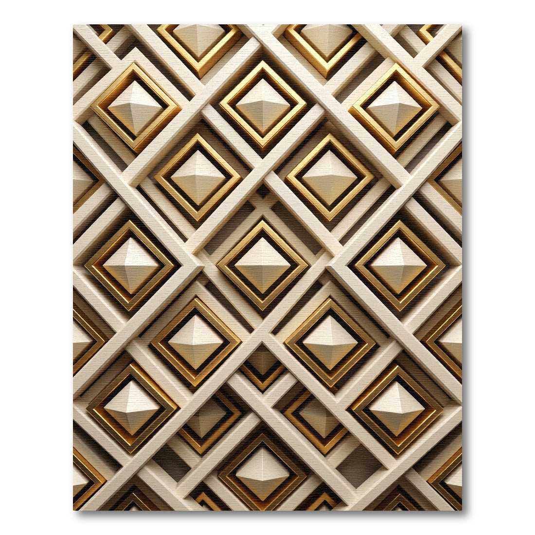 Gold Geometric Lattice Ivory Pyramid Rug