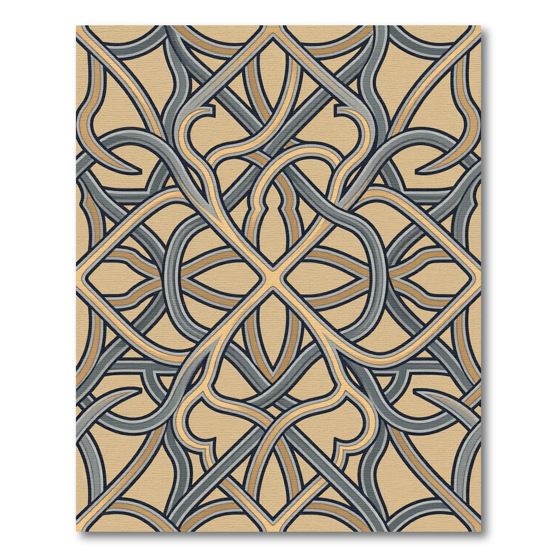 Interlocking Slate and Gold Lattice Overlap Rug