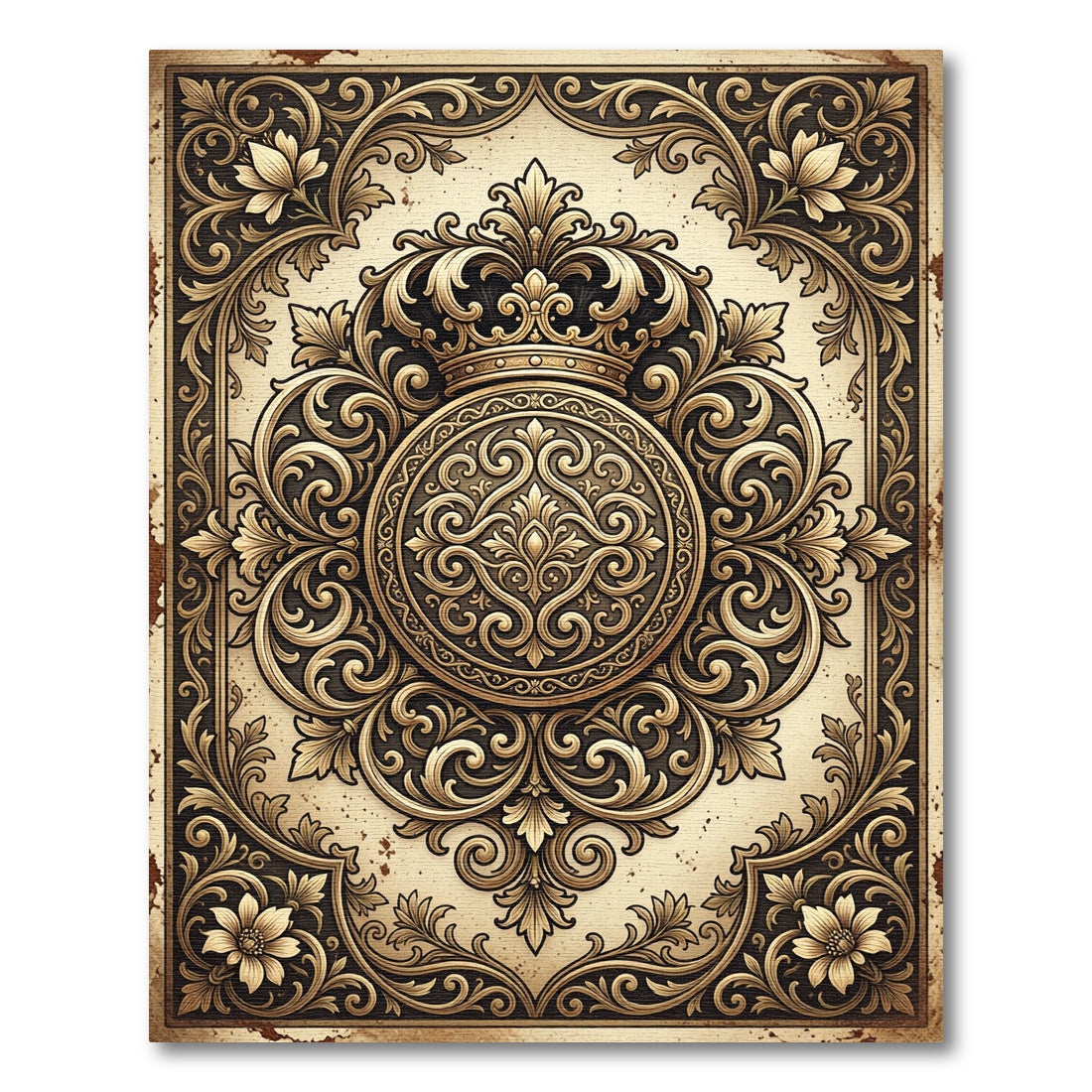 Ornate Golden Crown Baroque Medallion Rug