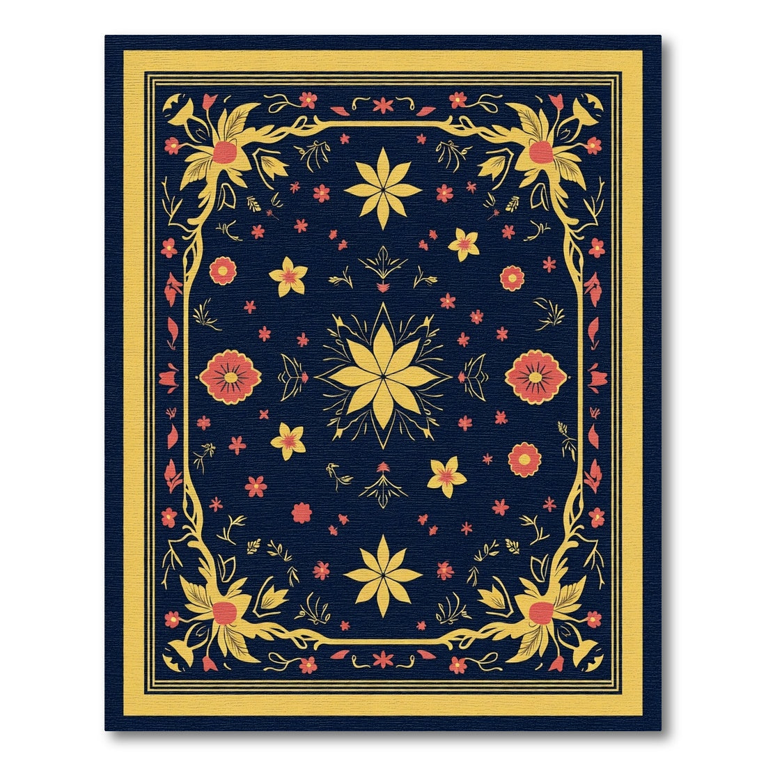 Dark Blue Golden Floral Garland Rug