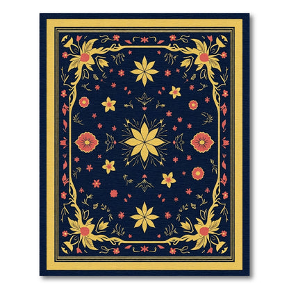 Dark Blue Golden Floral Garland Rug