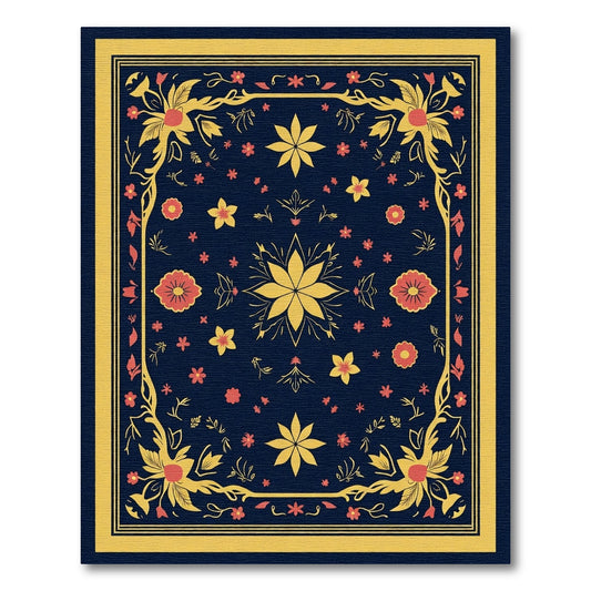 Dark Blue Golden Floral Garland Rug
