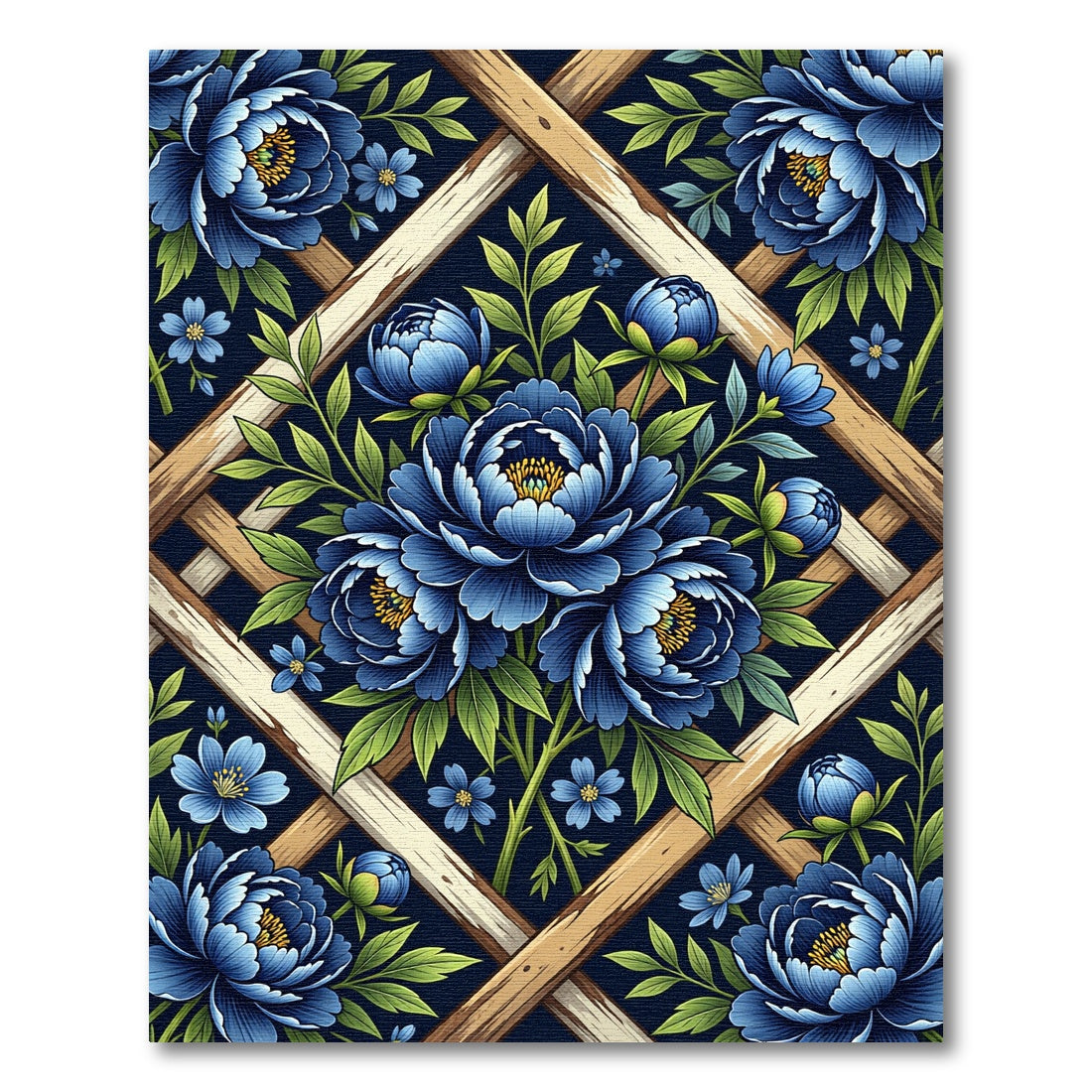 Deep Blue Floral Lattice Garden Rug