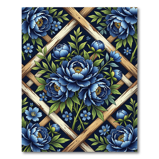 Deep Blue Floral Lattice Garden Rug