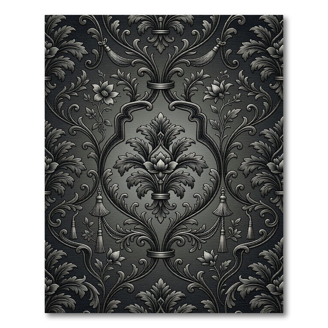 Ornate Gray Floral Scroll Tassel Rug