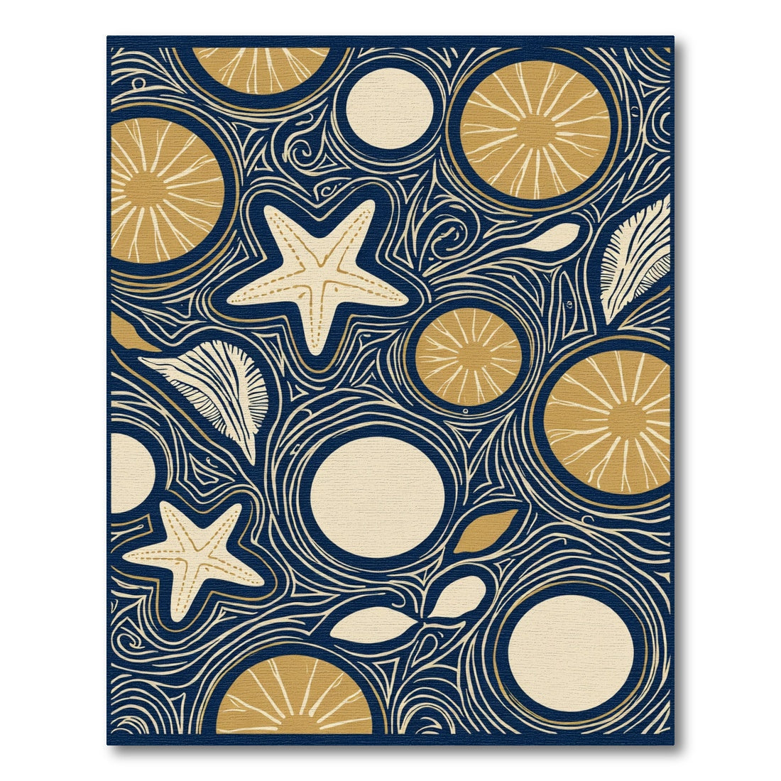 Navy Gold Starfish Citrus Swirl Rug