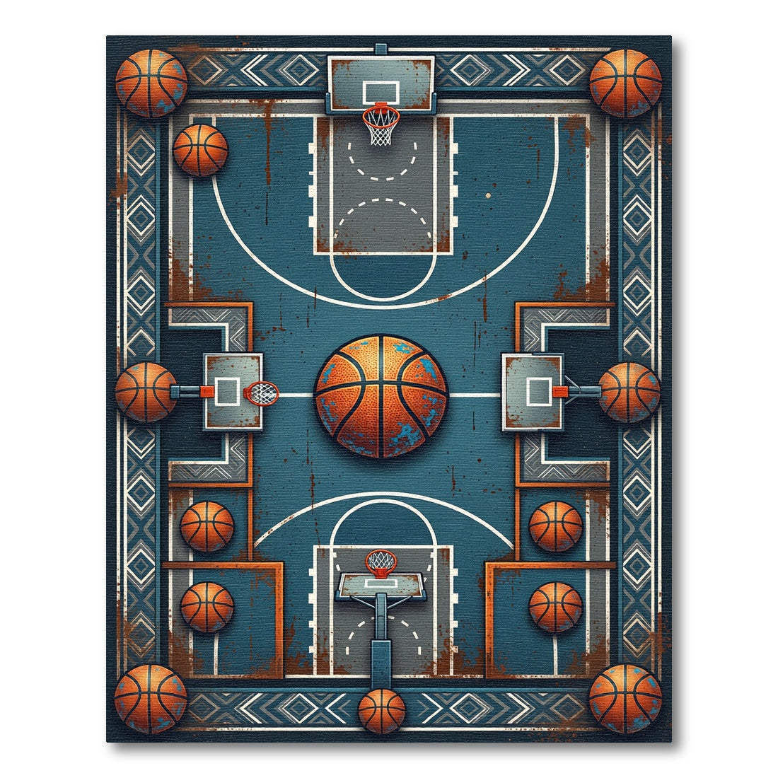 Rustic Teal Basketball Court Geometric Art Rug