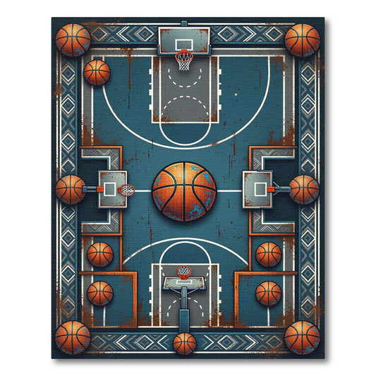 Rustic Teal Basketball Court Geometric Art Rug