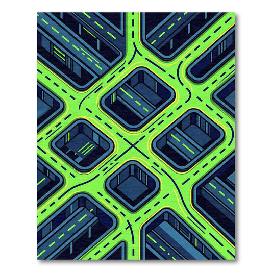 Neon Cyberpunk Isometric Street Grid Rug