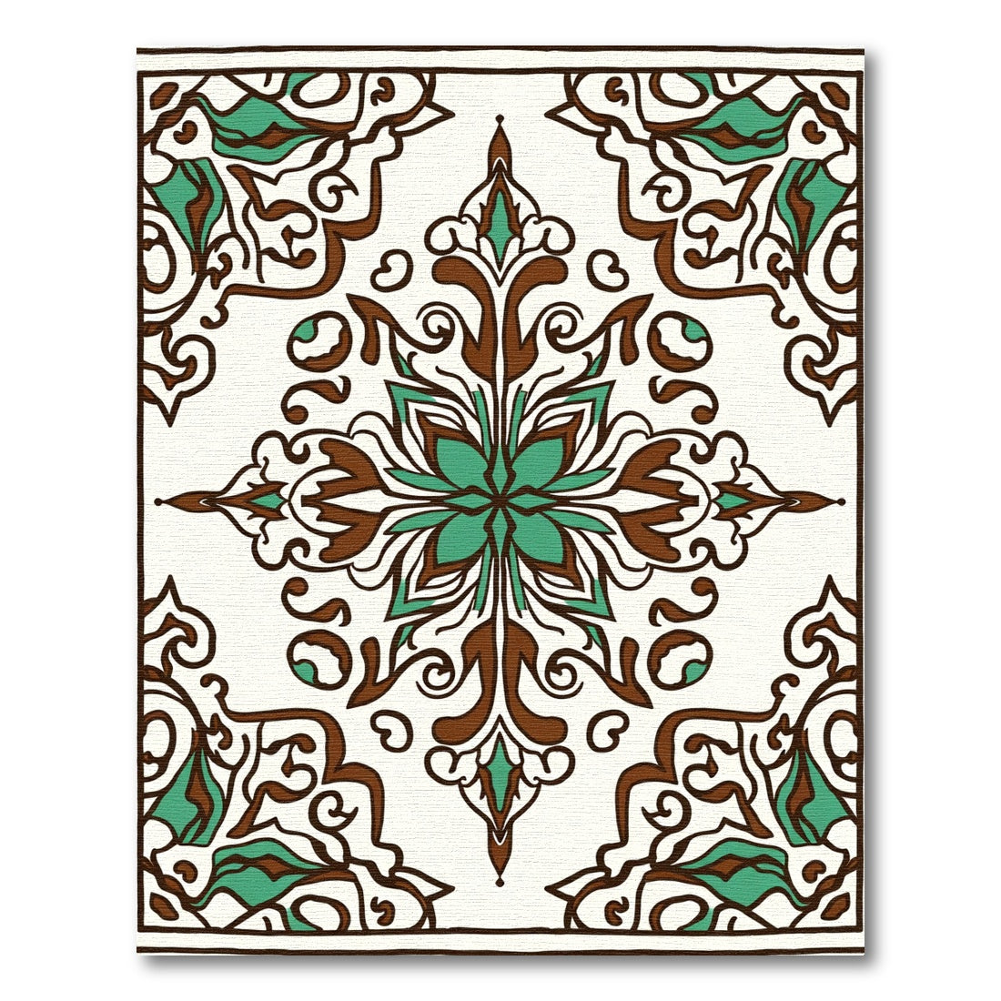 Brown Teal Floral Medallion Ornament Rug