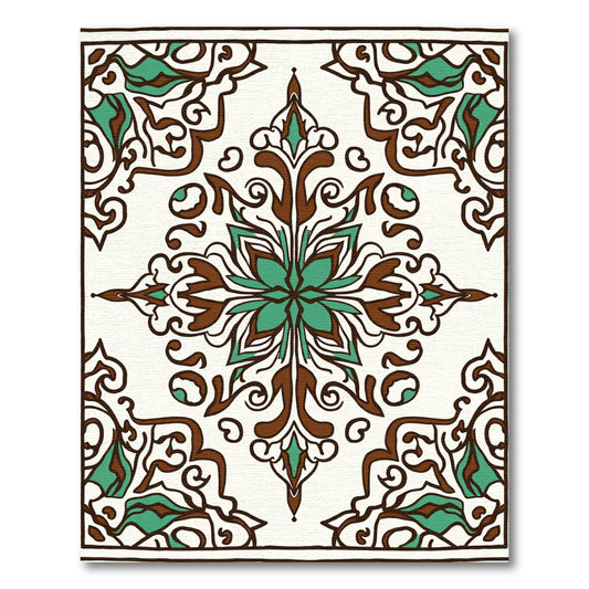Brown Teal Floral Medallion Ornament Rug