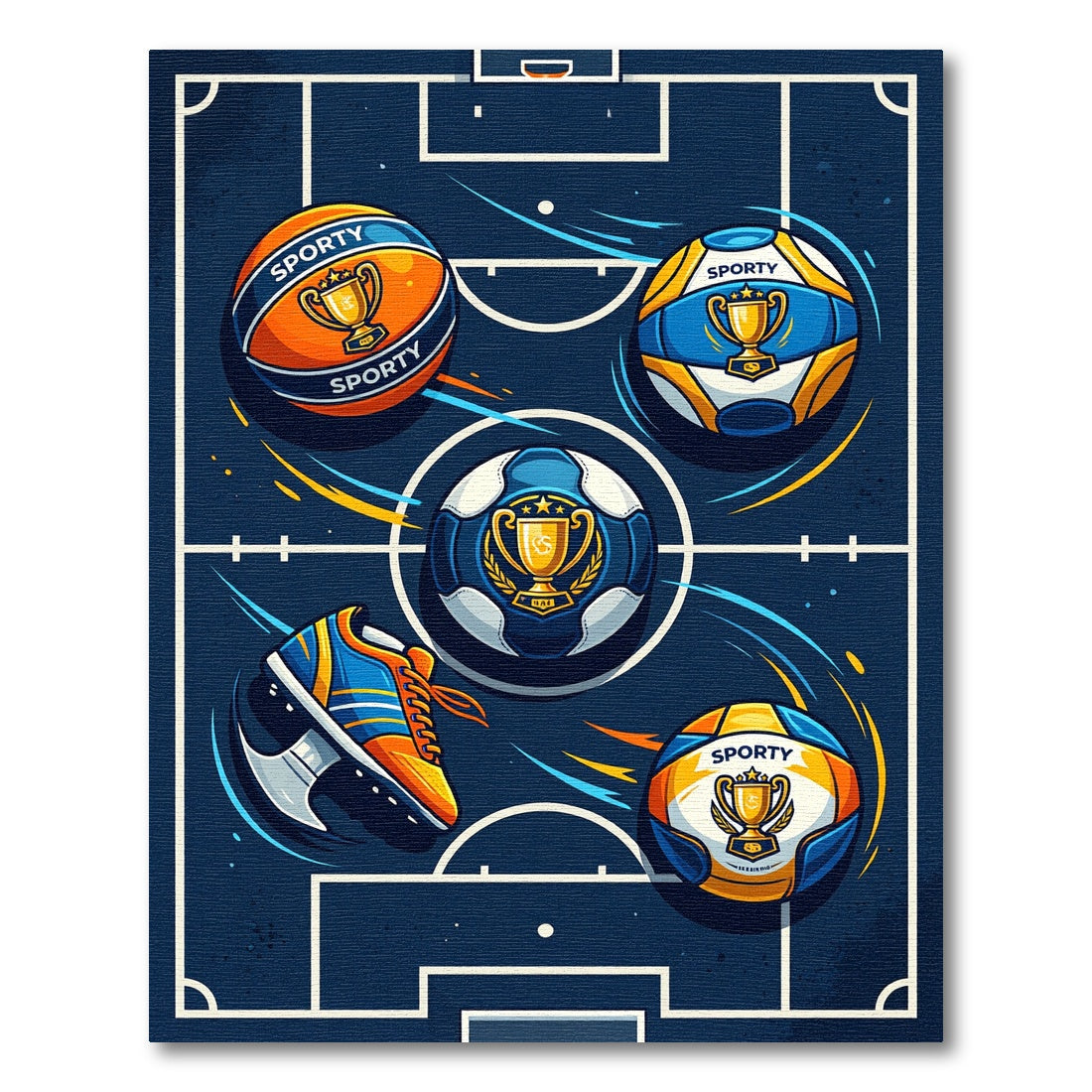 Dynamic Sports Balls Sneakers Trophies Rug