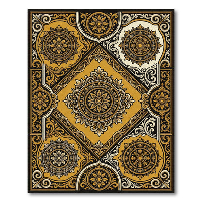 Golden Black Ornate Medallion Mandala Rug