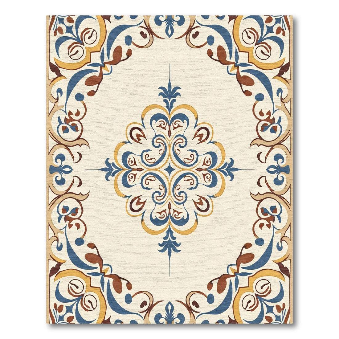 Cream Blue Gold Scroll Medallion Rug