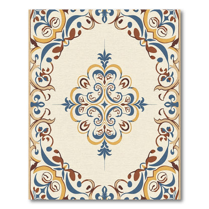 Cream Blue Gold Scroll Medallion Rug
