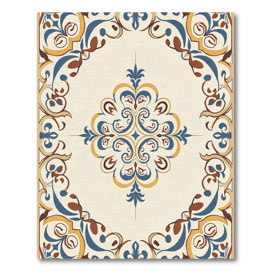 Cream Blue Gold Scroll Medallion Rug