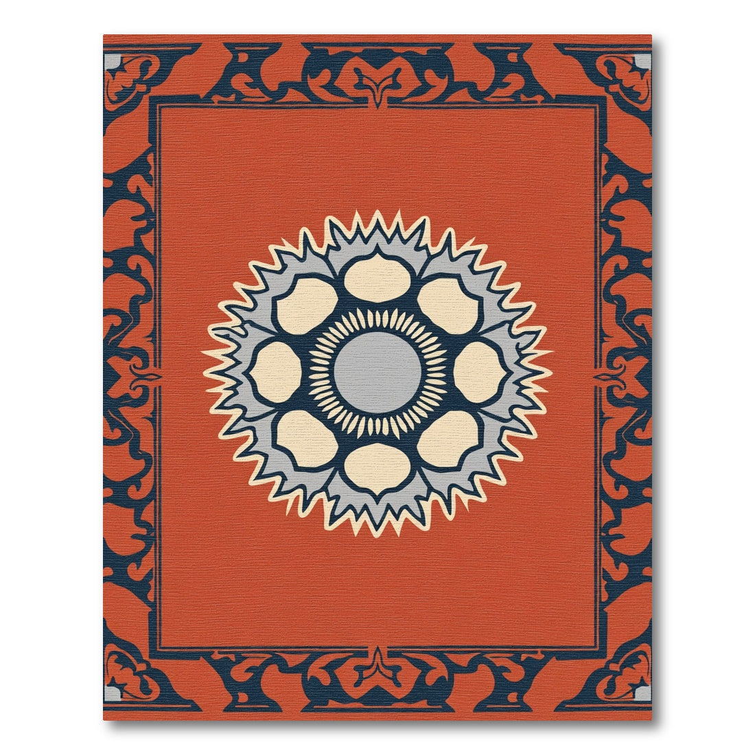 Terracotta Navy Medallion Border Rug