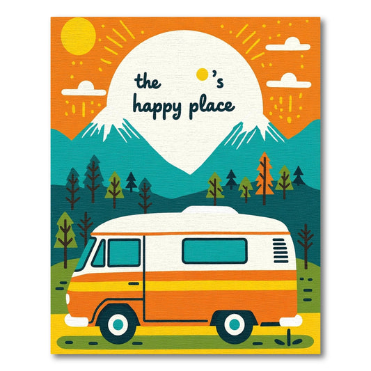 Retro Camper Van Sunny Mountain Landscape Rug