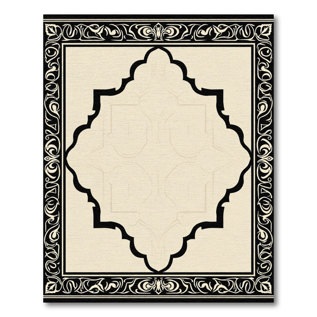 Elegant Creme Black Arabesque Frame Rug