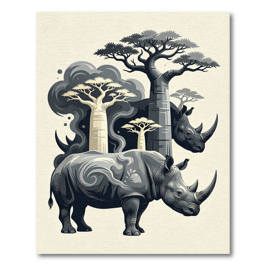 Monochromatic African Rhino Baobab Silhouette Rug
