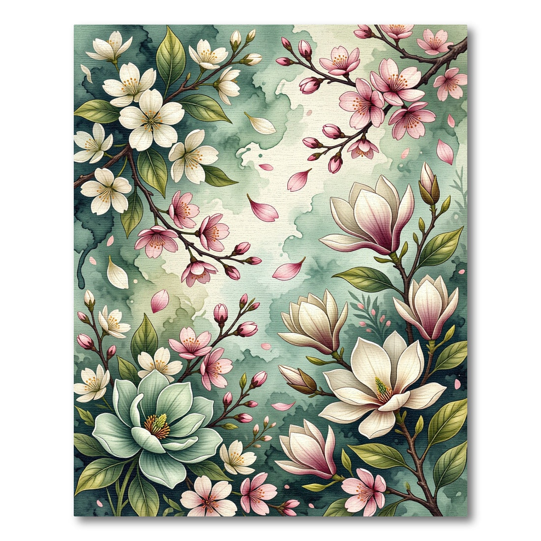 Watercolor Cherry Blossom and Magnolia Garden Rug