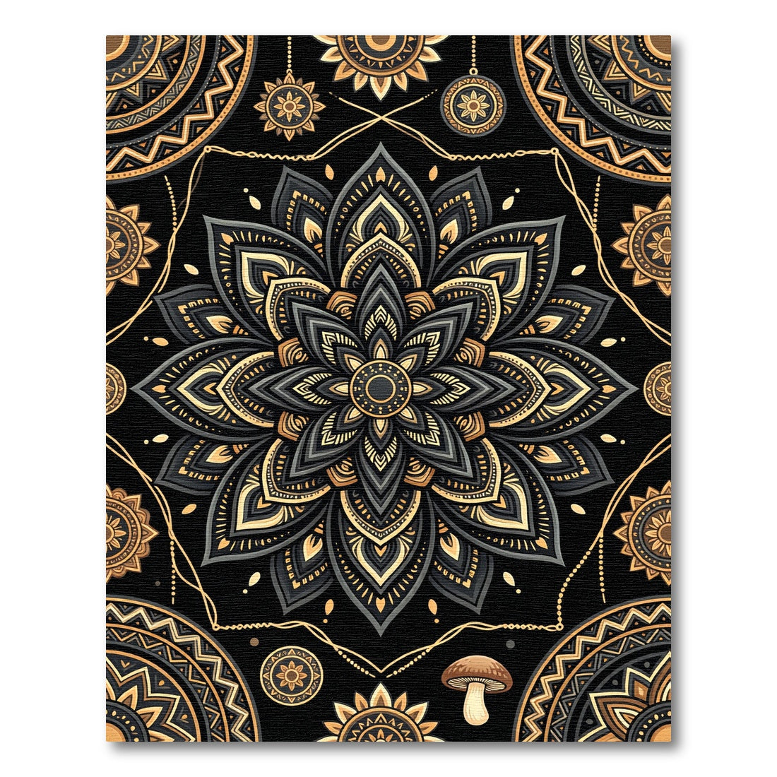 Elegant Charcoal and Gold Mandala Art Rug