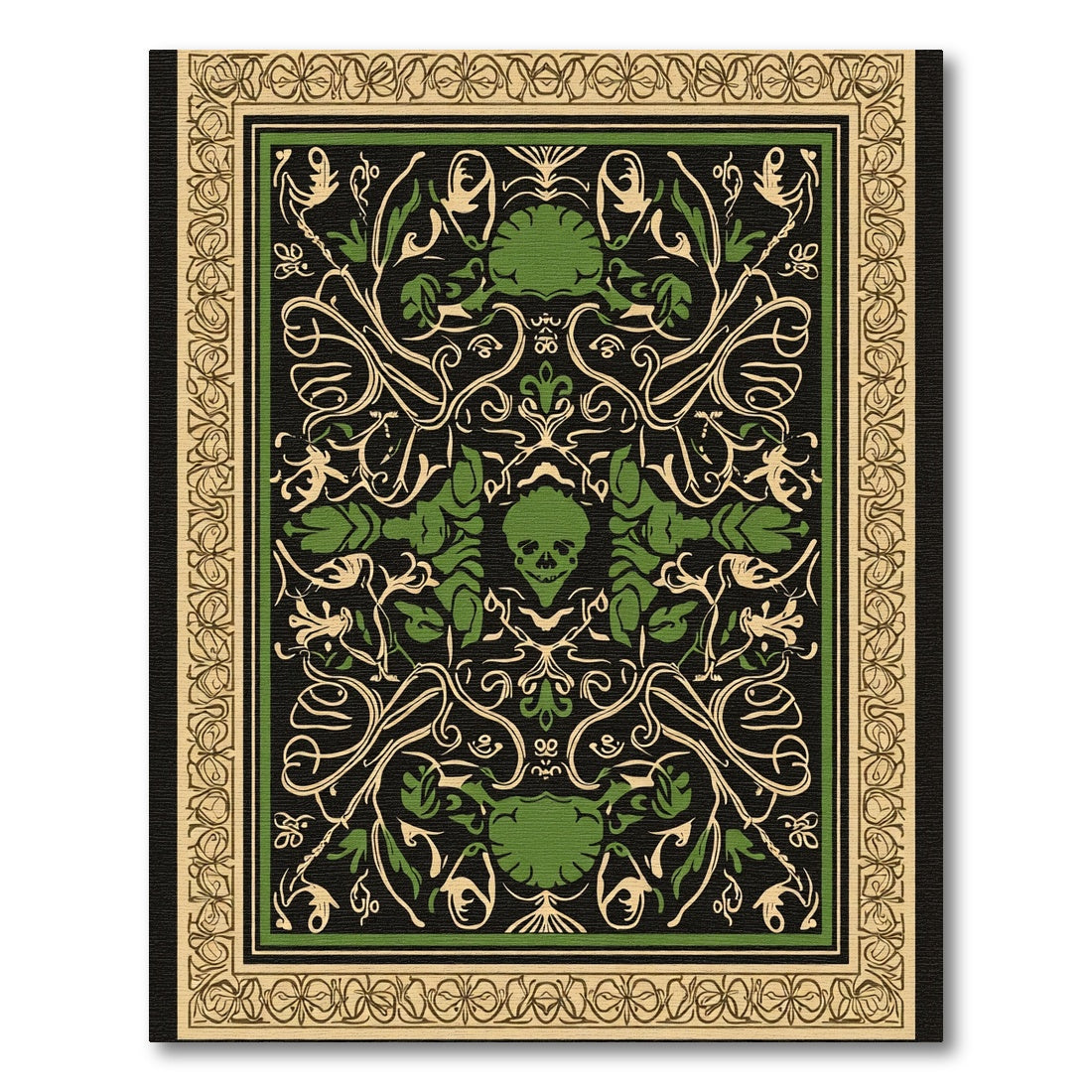 Ominous Black Green Floral Skull Rug