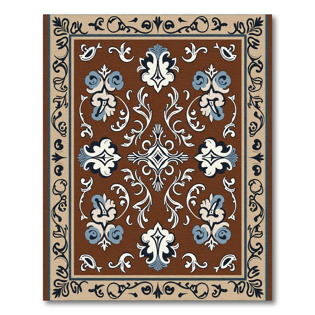 Brown White Blue Ornate Floral Medallion Rug