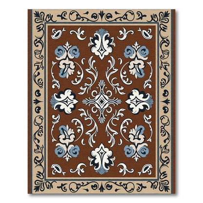 Brown White Blue Ornate Floral Medallion Rug