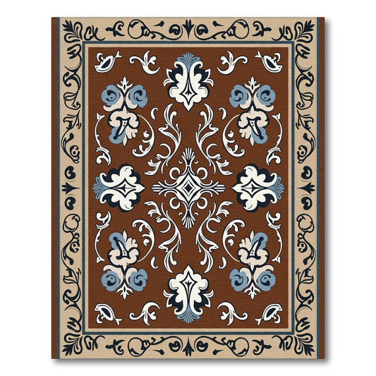 Brown White Blue Ornate Floral Medallion Rug