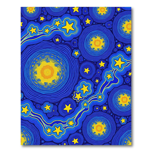 Navy Blue Swirling Yellow Stars Circles Rug