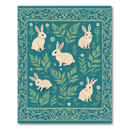 Cream Rabbits Green Foliage Border Rug