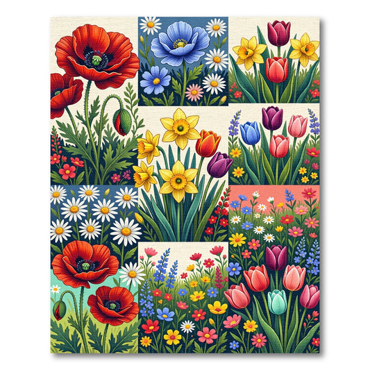 Vibrant Red Poppy Daisy Tulip Collection Rug